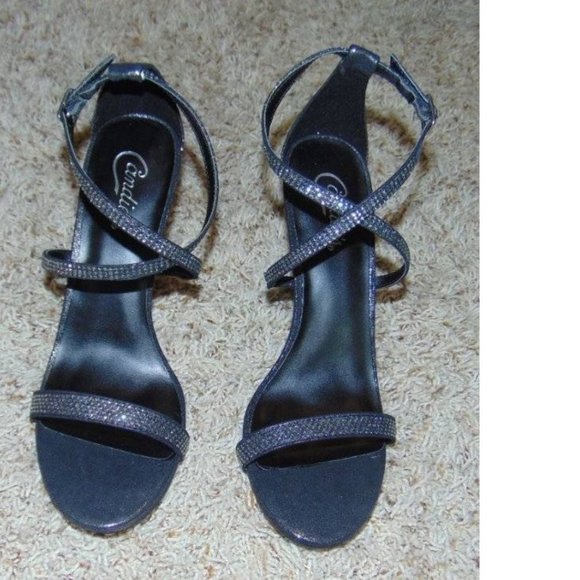 Womens Suede Pumps Candies Black Rhinestone 9 High Heels Ankle Strap Padded - Picture 7 of 8